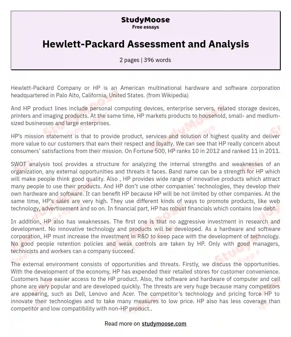 Hewlett-Packard Assessment and Analysis essay