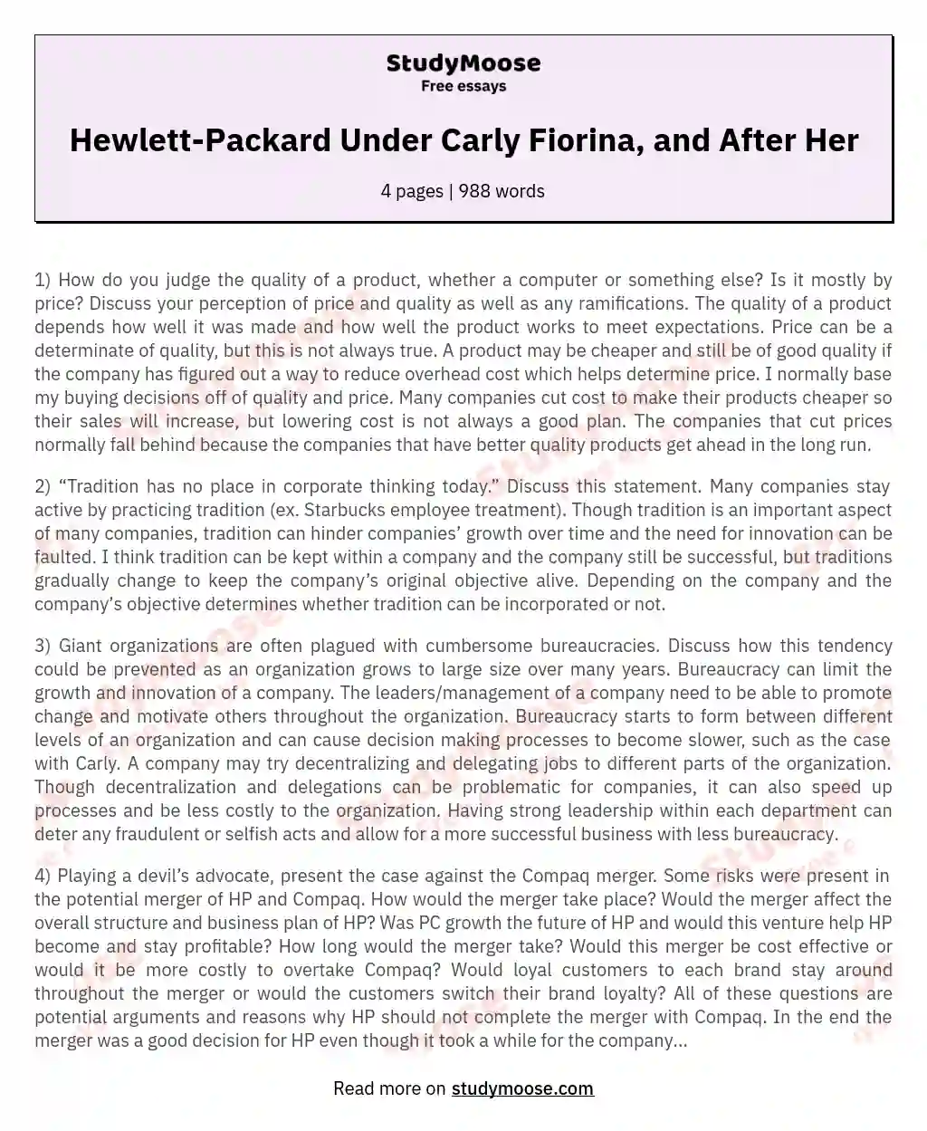 Hewlett-Packard Under Carly Fiorina, and After Her essay