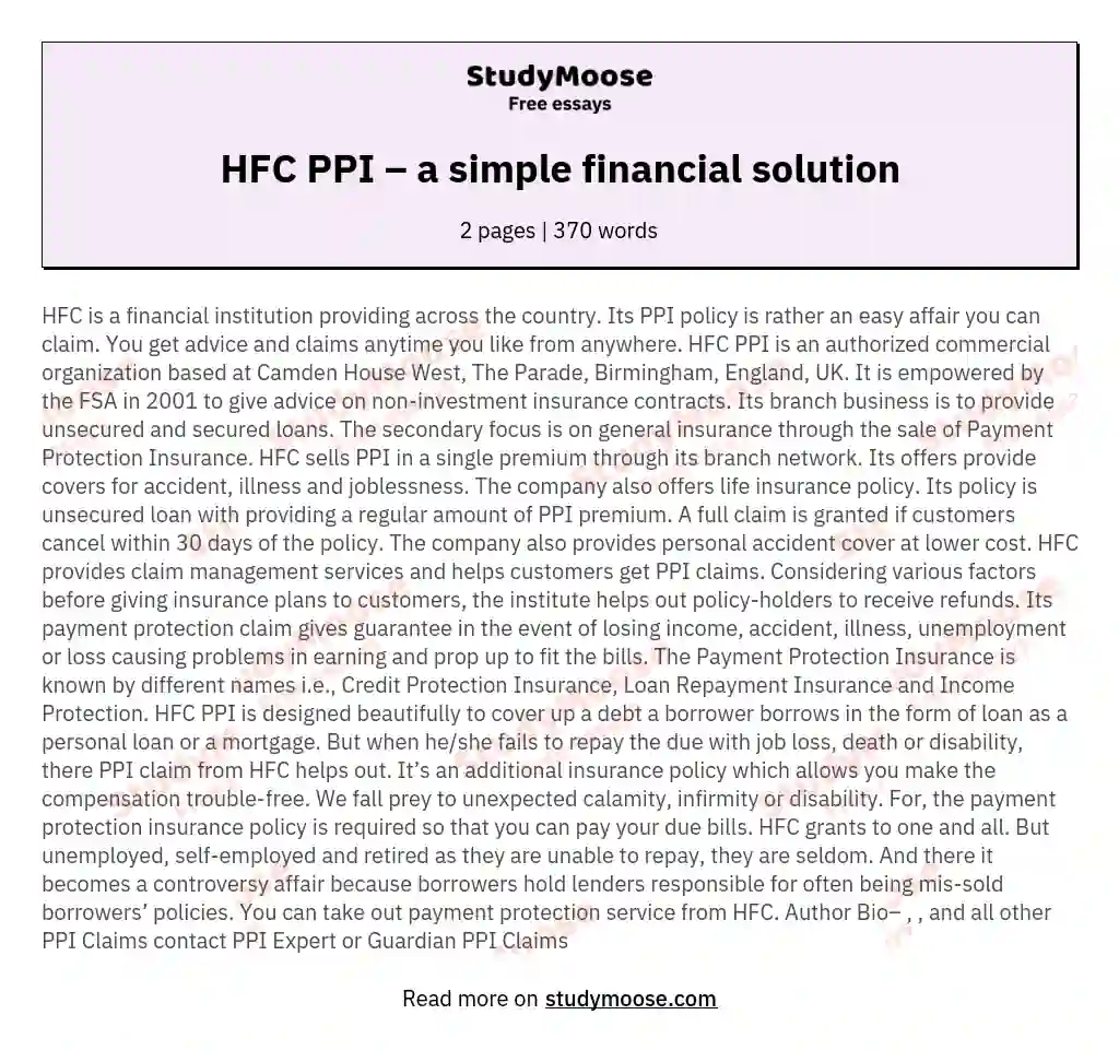 HFC PPI – a simple financial solution essay