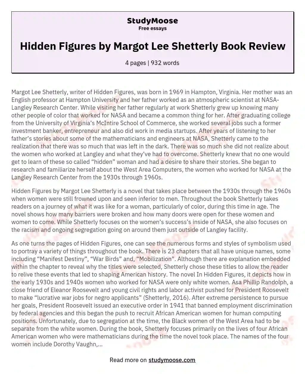 Hidden Figures by Margot Lee Shetterly Book Review essay