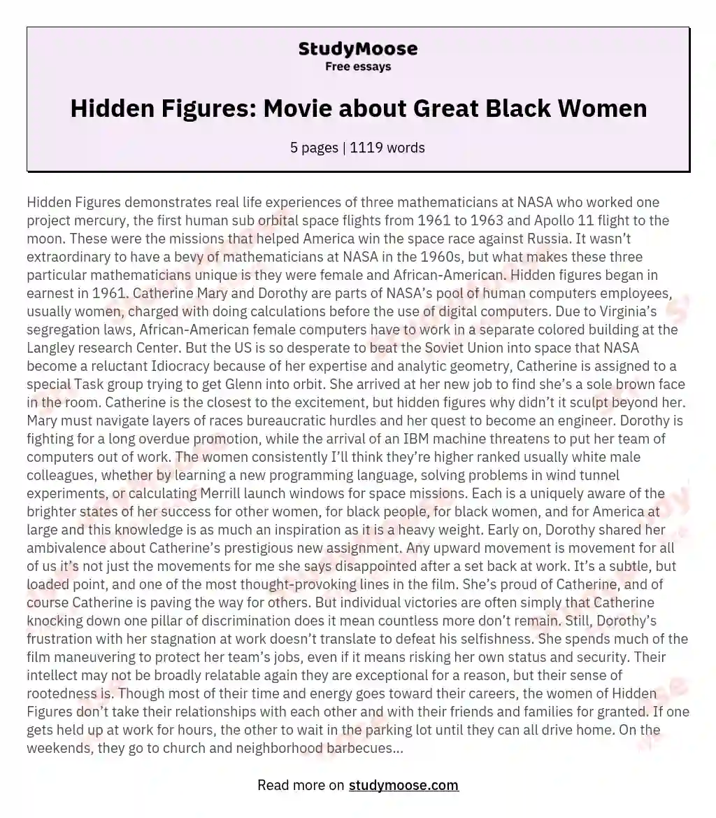Hidden Figures: Movie about Great Black Women essay