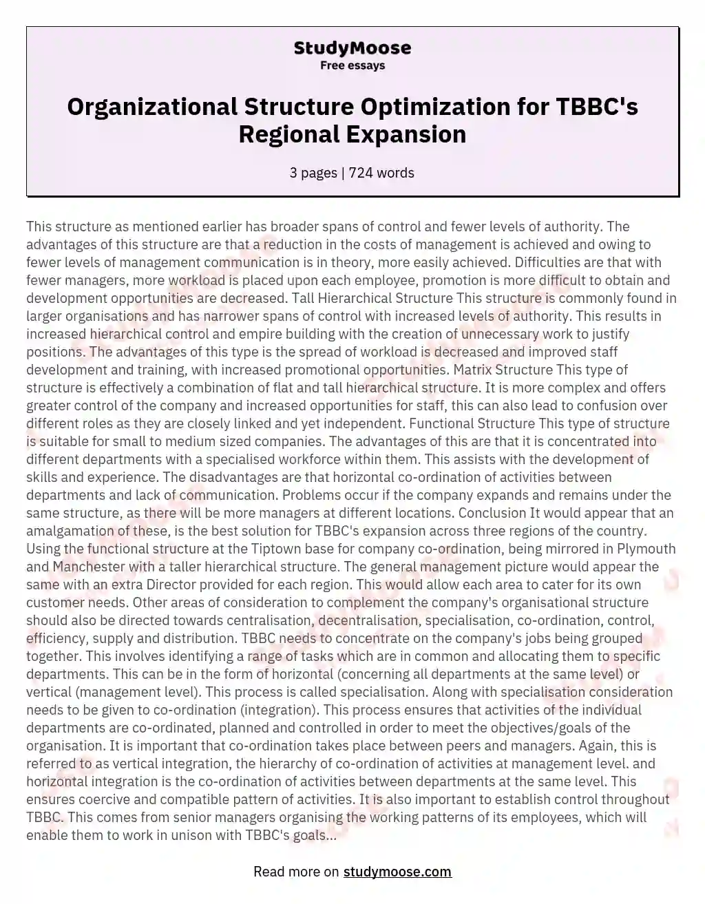 Organizational Structure Optimization for TBBC's Regional Expansion essay