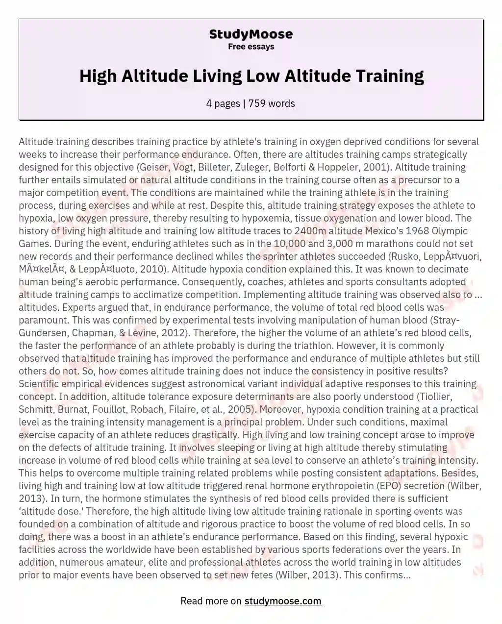 High Altitude Living Low Altitude Training essay