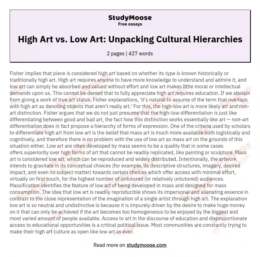 High Art vs. Low Art: Unpacking Cultural Hierarchies essay