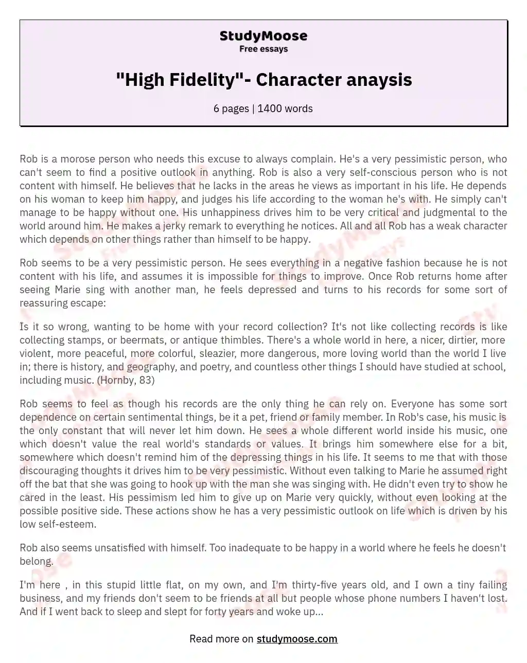"High Fidelity"- Character anaysis essay