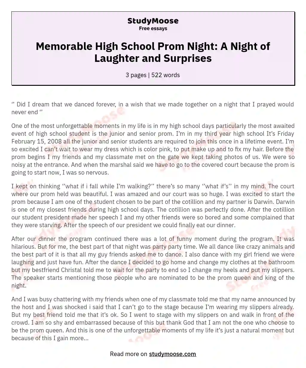 Memorable High School Prom Night: A Night of Laughter and Surprises essay