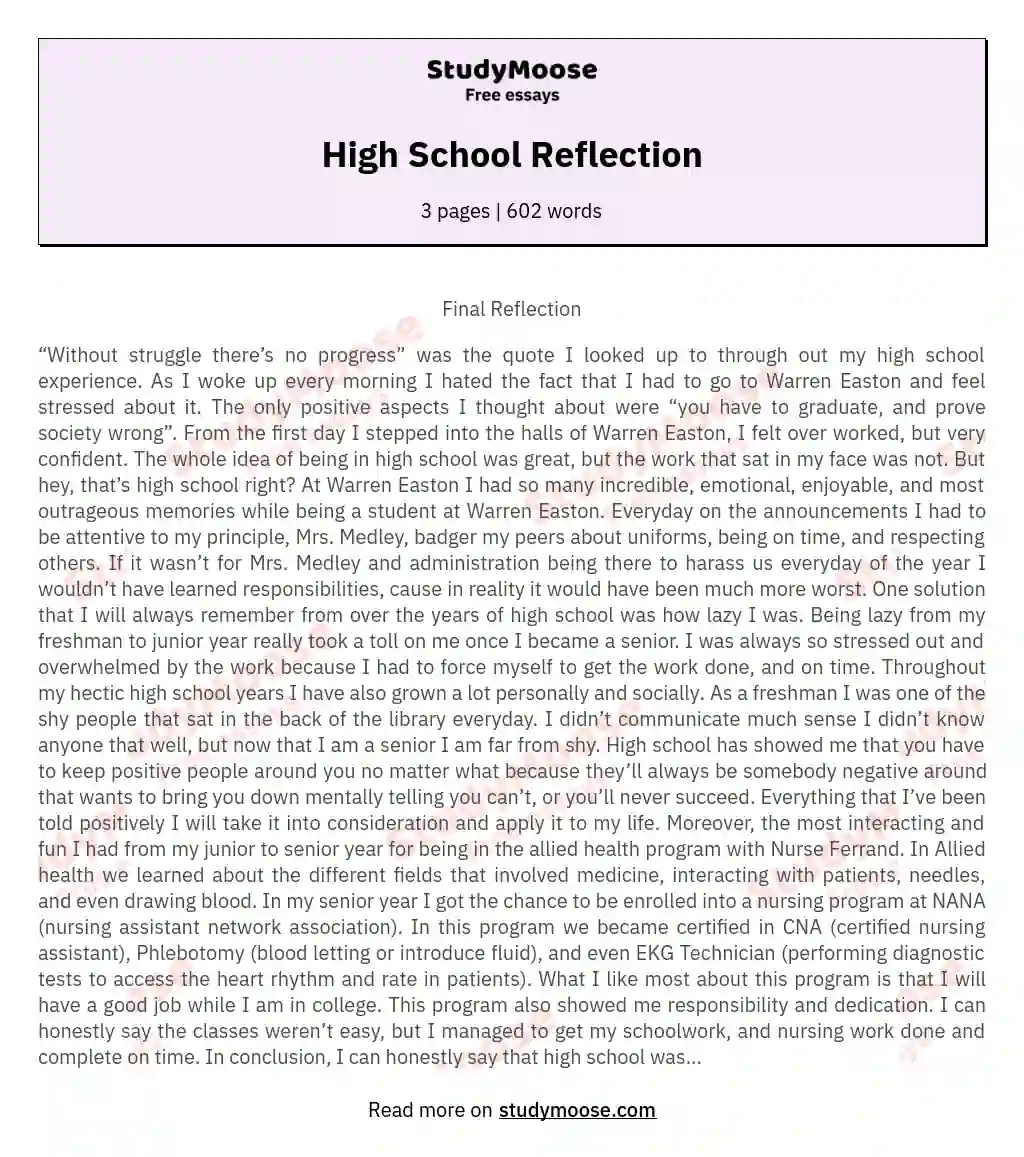High School Reflection essay