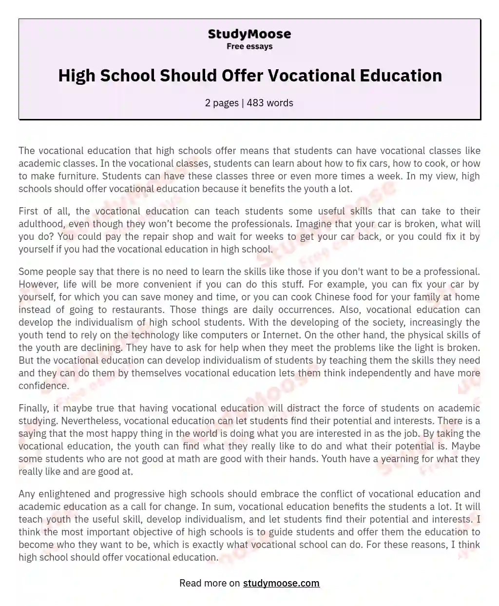 High School Should Offer Vocational Education