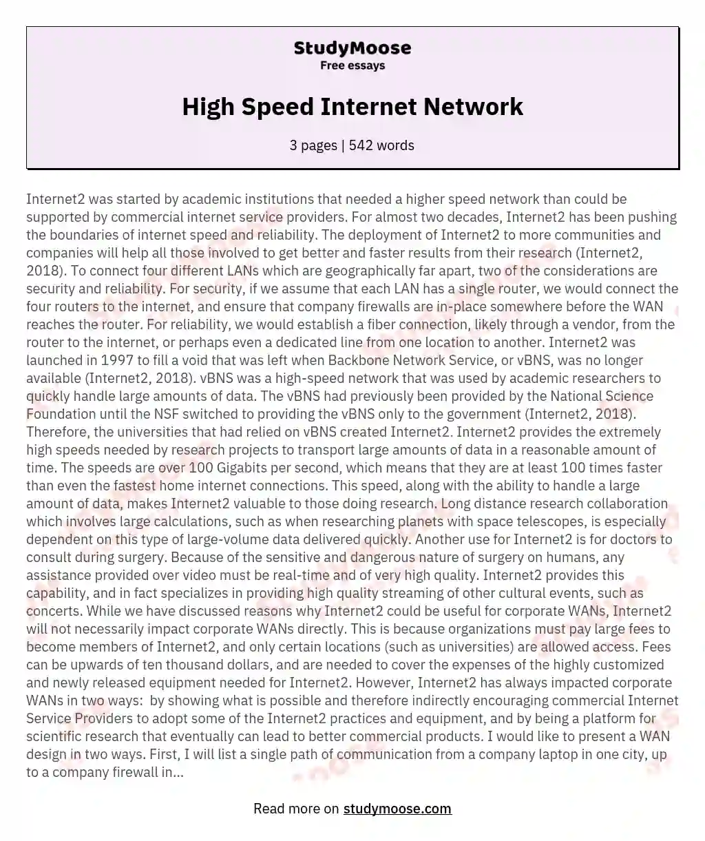High Speed Internet Network essay