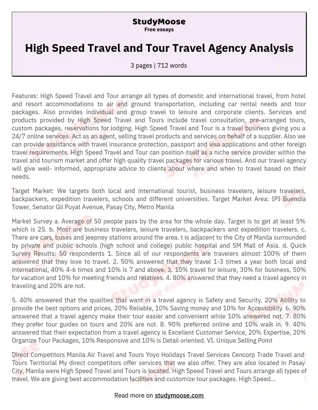 High Speed Travel and Tour Travel Agency Analysis