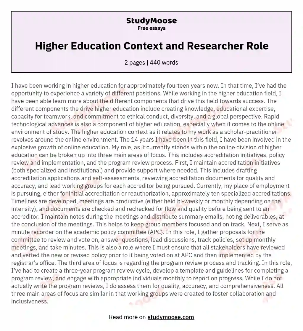 Higher Education Context and Researcher Role essay
