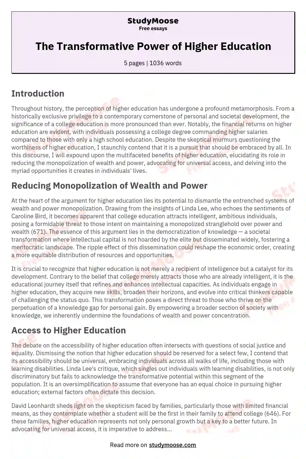 The Transformative Power of Higher Education essay