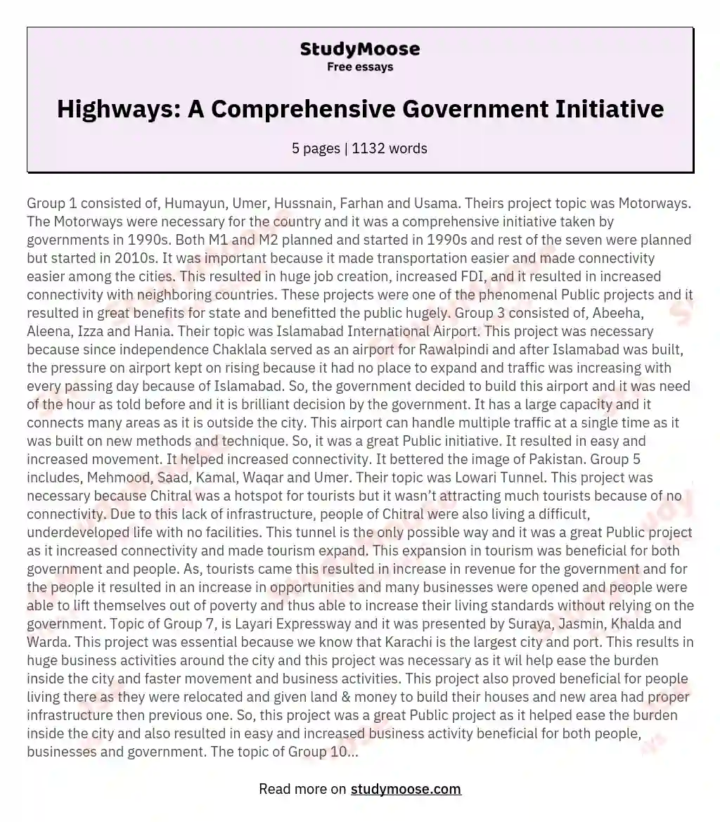 Highways: A Comprehensive Government Initiative essay