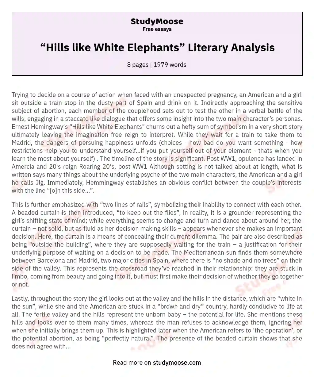 “Hills like White Elephants” Literary Analysis essay