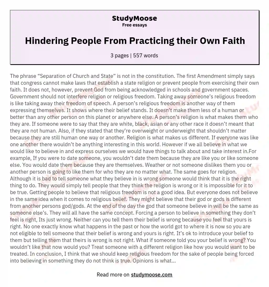 Hindering People From Practicing their Own Faith essay