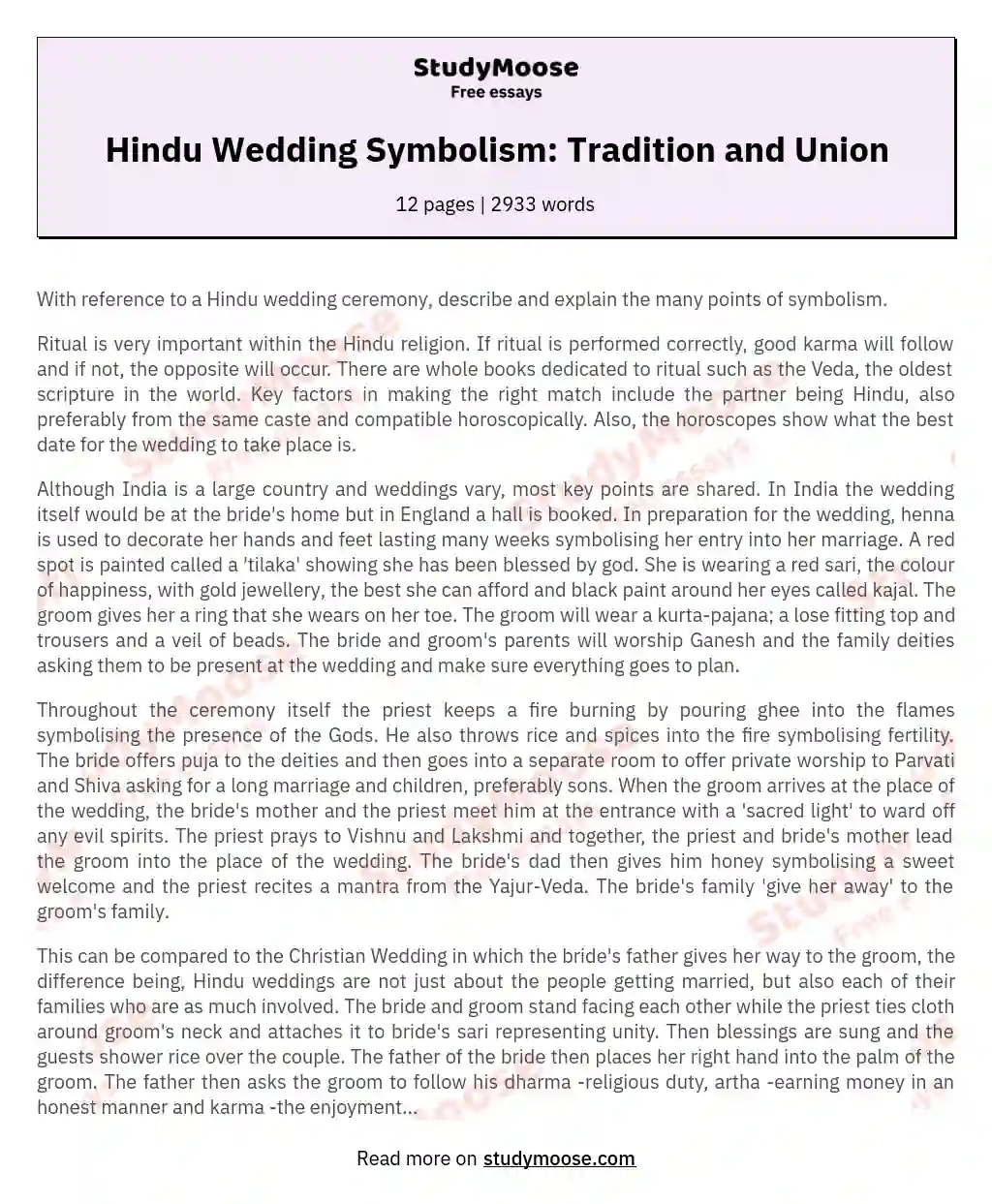 Hindu Wedding Symbolism: Tradition and Union essay