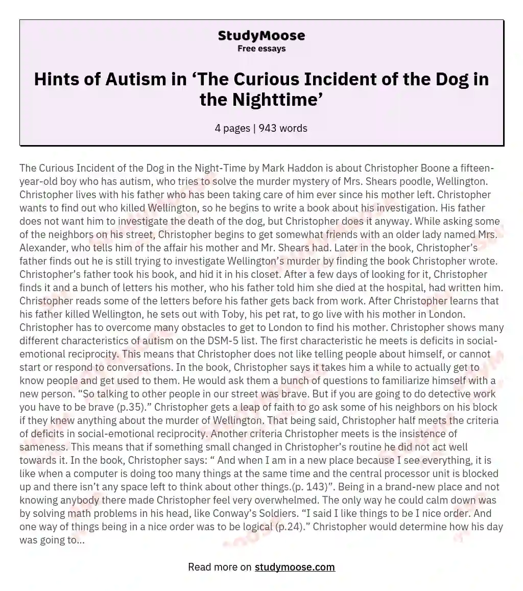 Hints of Autism in ‘The Curious Incident of the Dog in the Nighttime’ essay