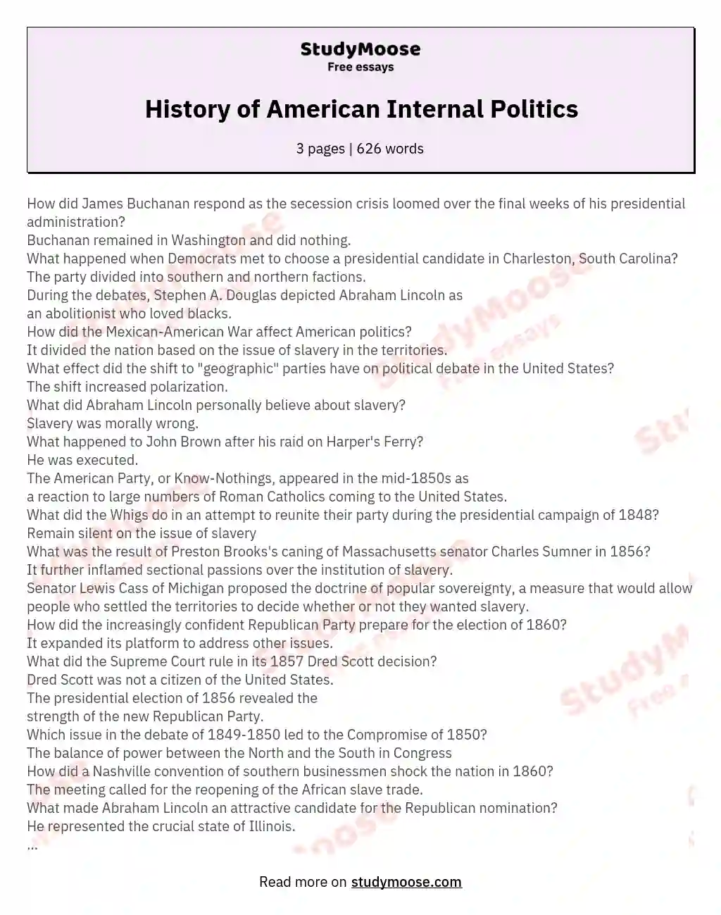 History of American Internal Politics essay