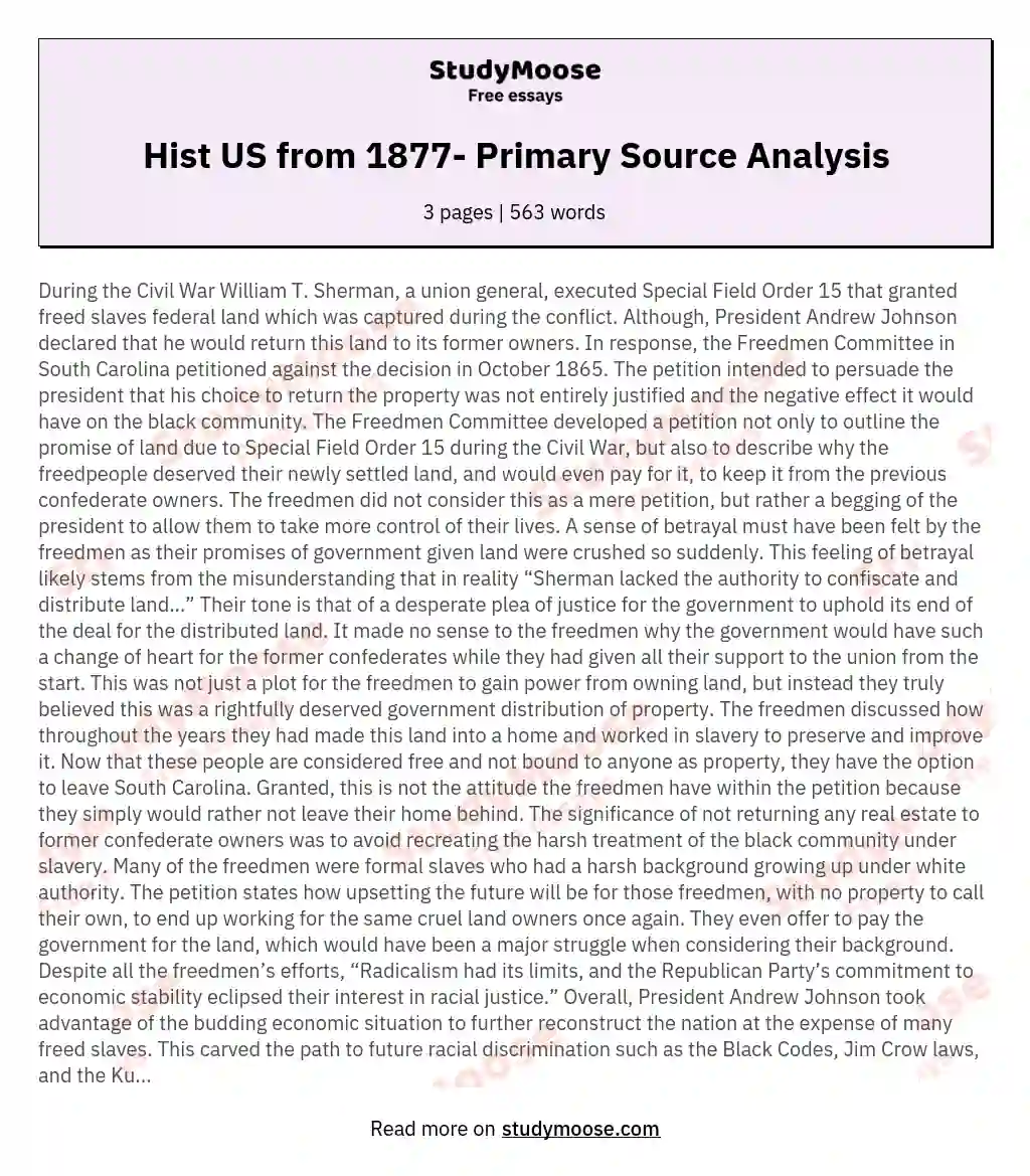 Hist US from 1877- Primary Source Analysis