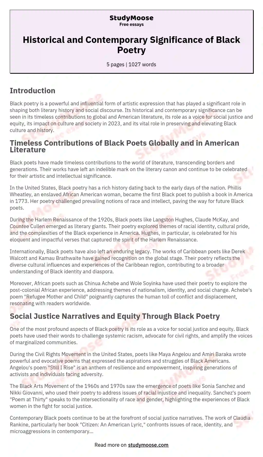 Historical and Contemporary Significance of Black Poetry essay