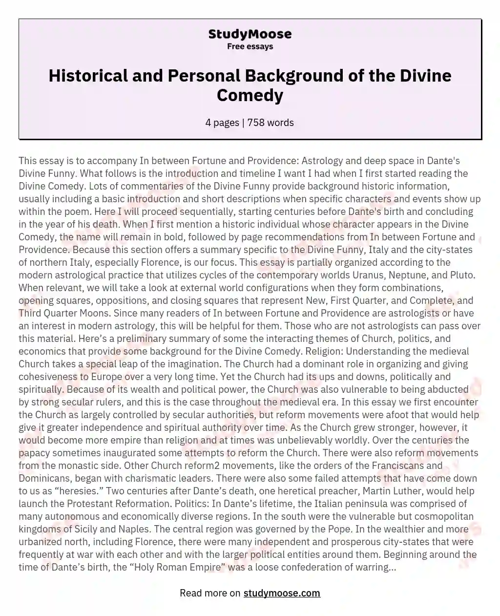 Historical and Personal Background of the Divine Comedy