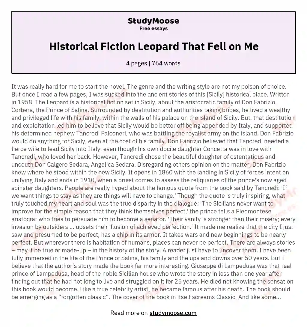 Historical Fiction Leopard That Fell on Me essay