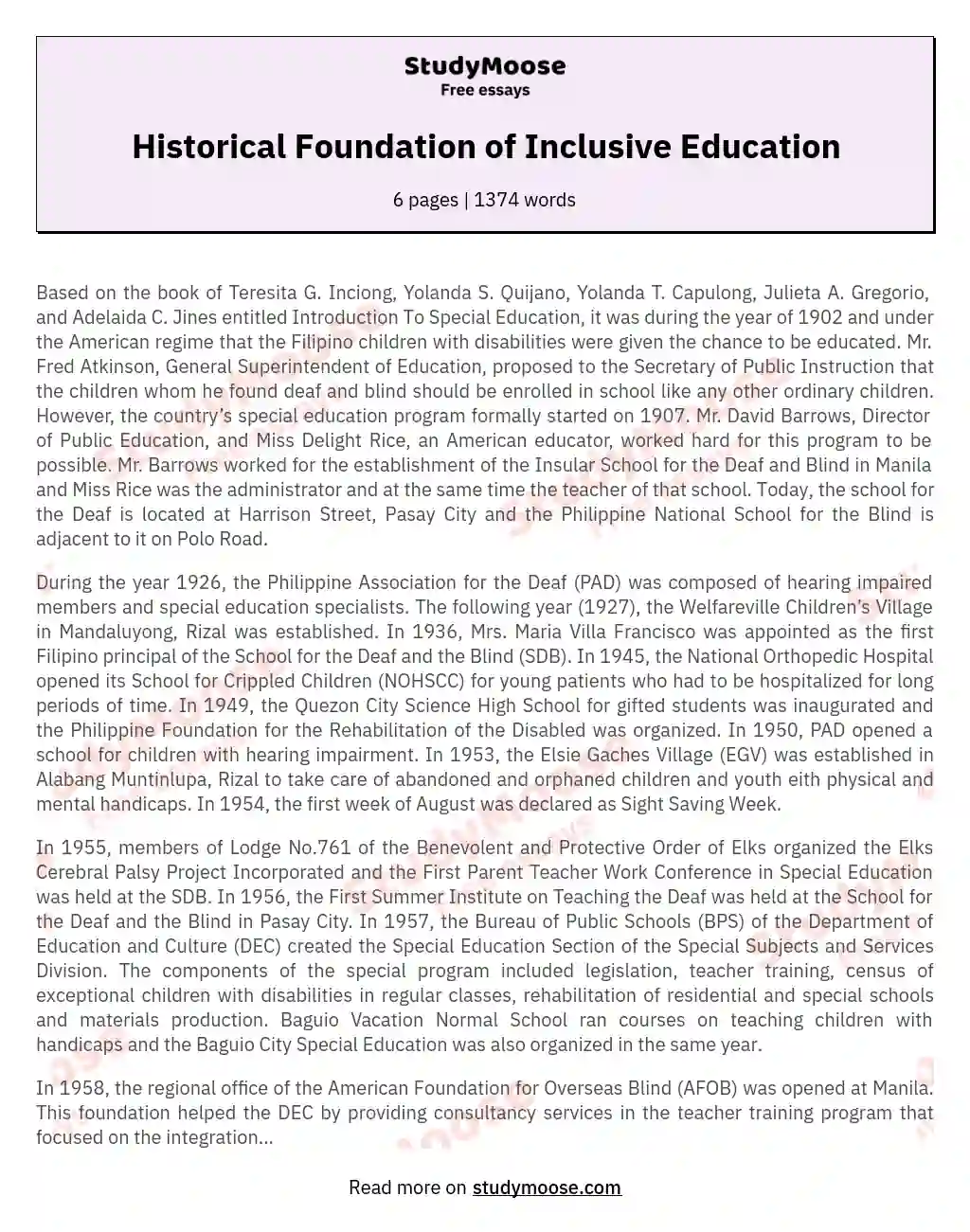 Historical Foundation of Inclusive Education essay