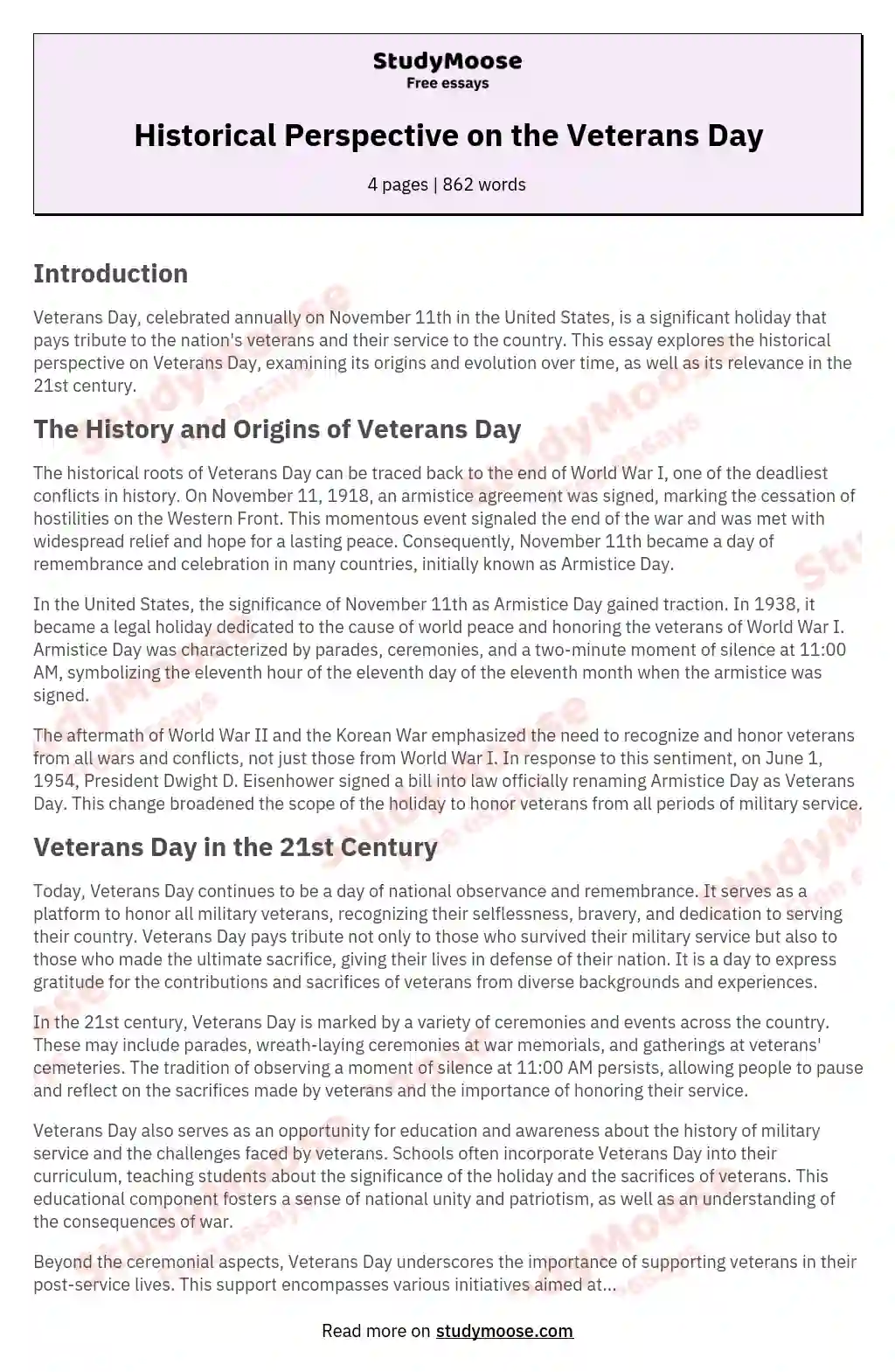 Historical Perspective on the Veterans Day essay
