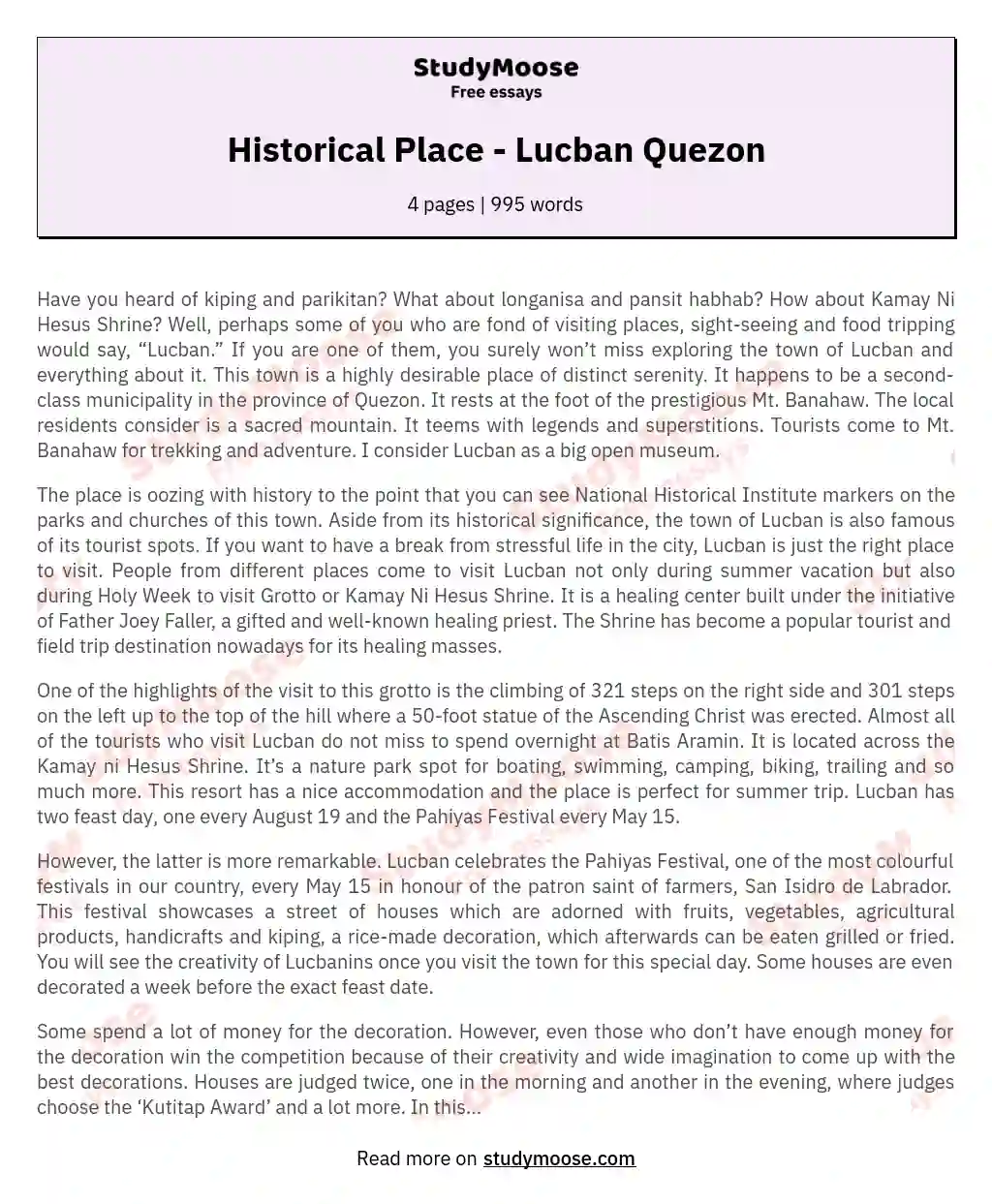 Historical Place - Lucban Quezon essay