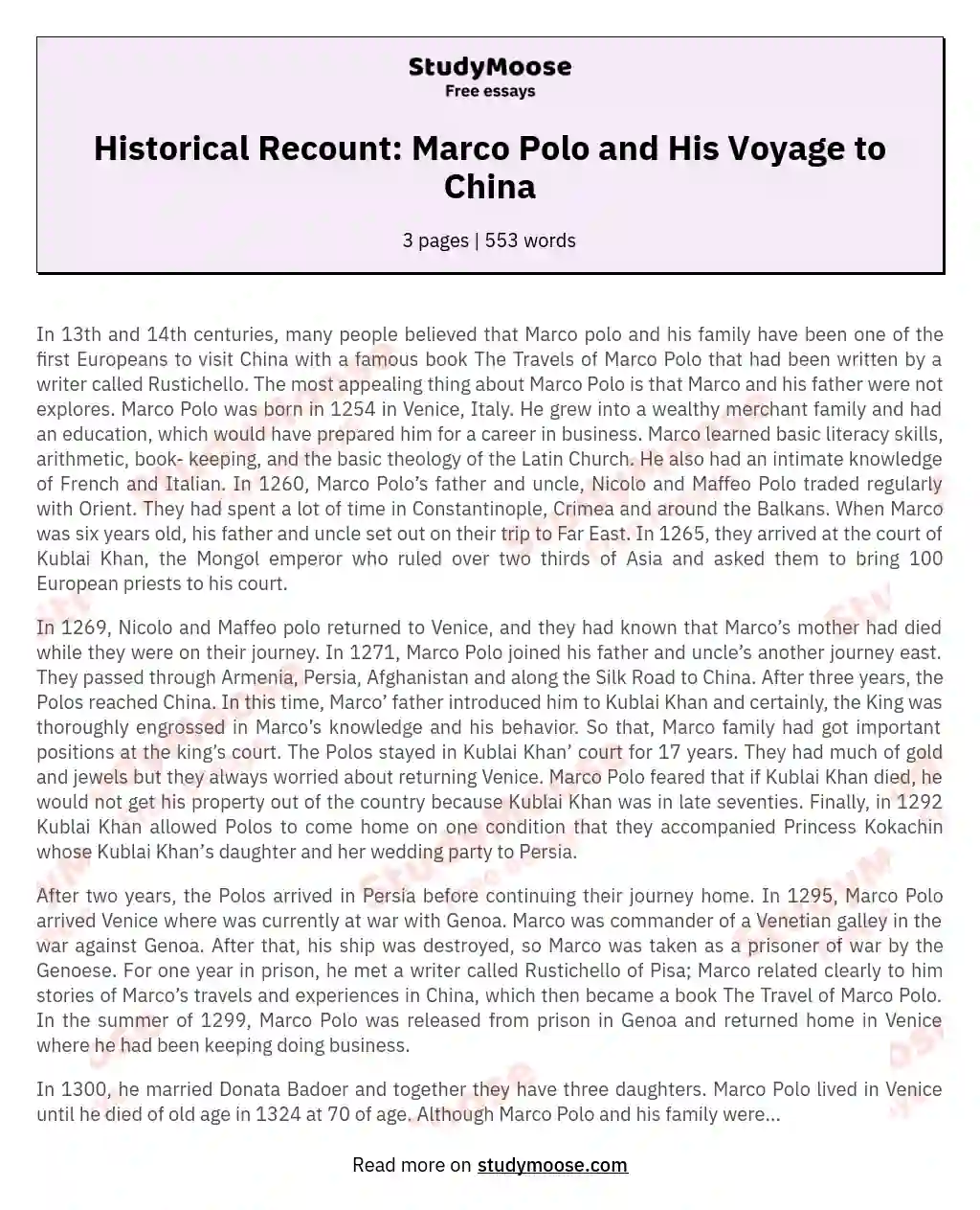 Historical Recount: Marco Polo and His Voyage to China essay