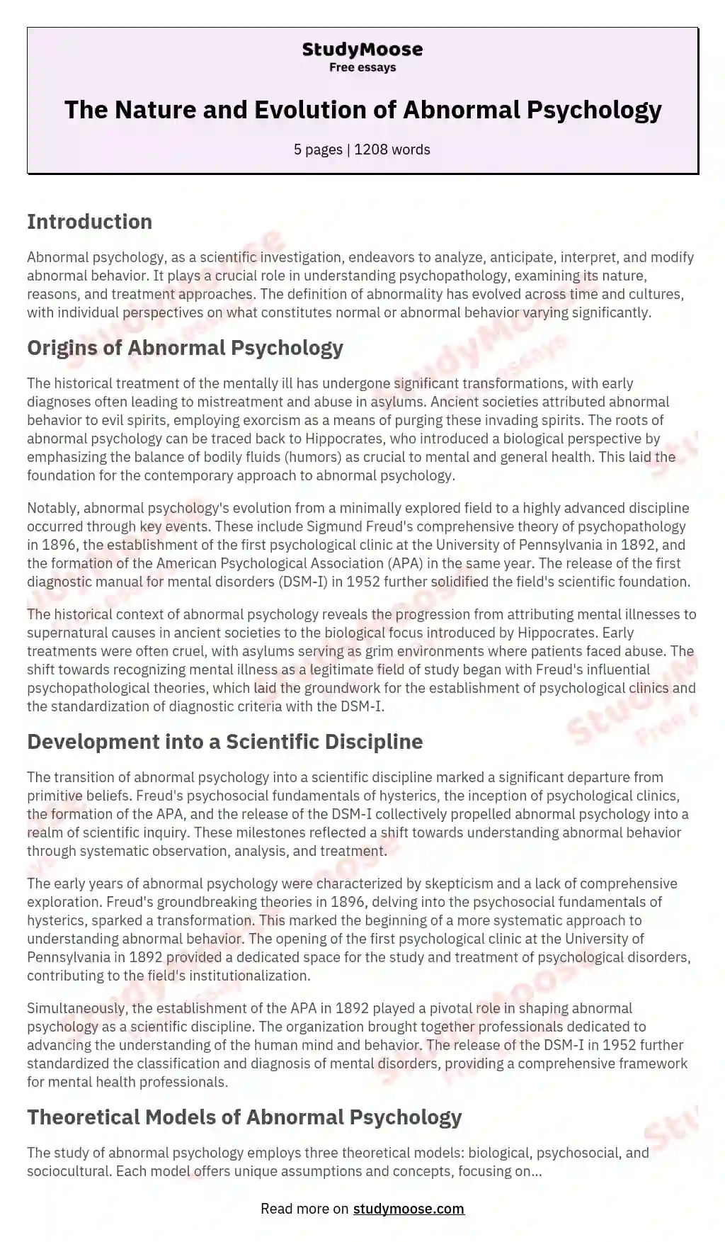 The Nature and Evolution of Abnormal Psychology essay