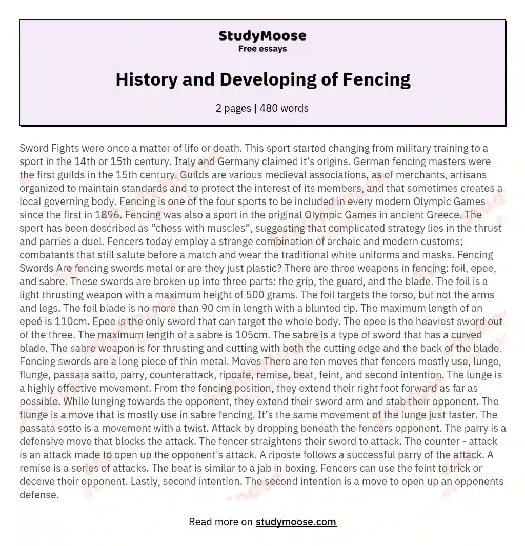 History and Developing of Fencing essay