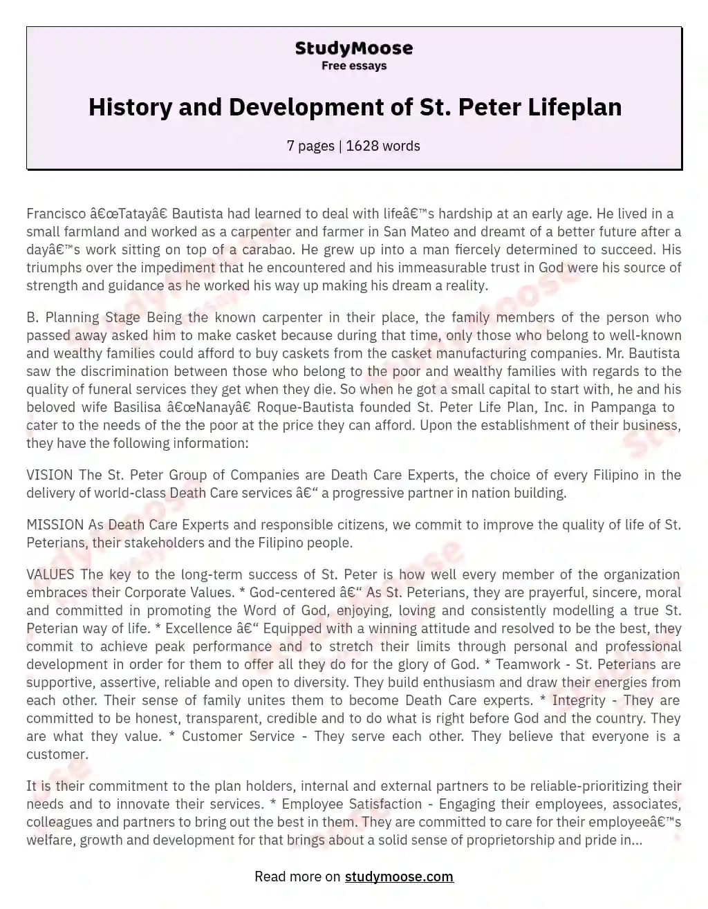 History and Development of St. Peter Lifeplan essay