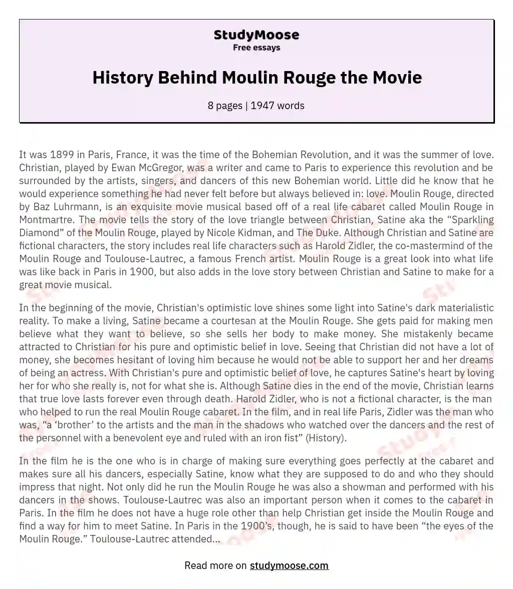 History Behind Moulin Rouge the Movie essay