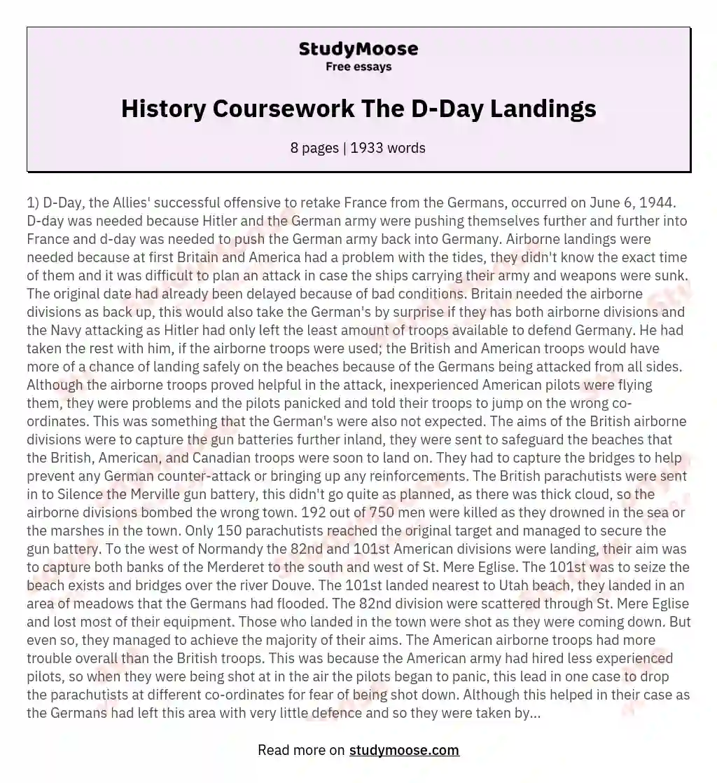 History Coursework The D-Day Landings essay