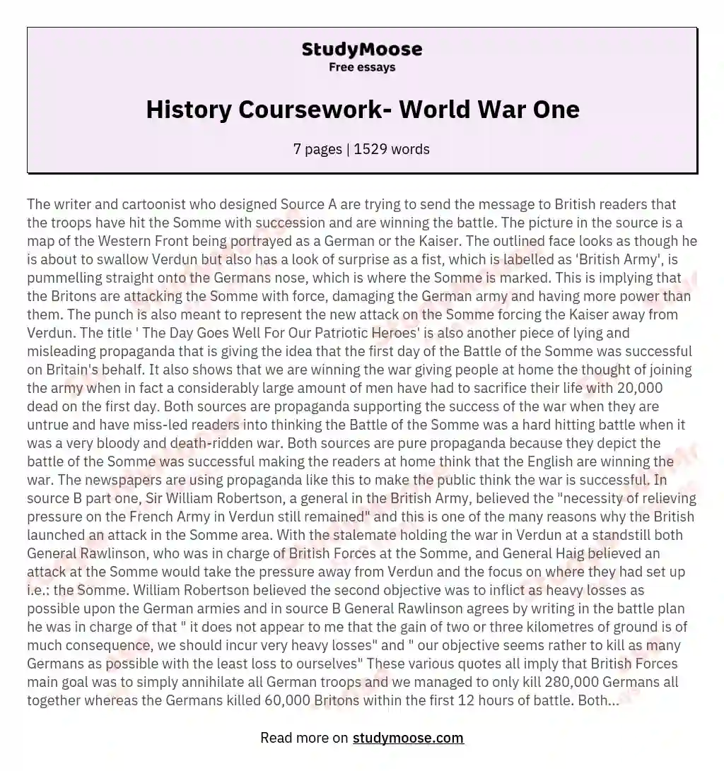 History Coursework- World War One essay