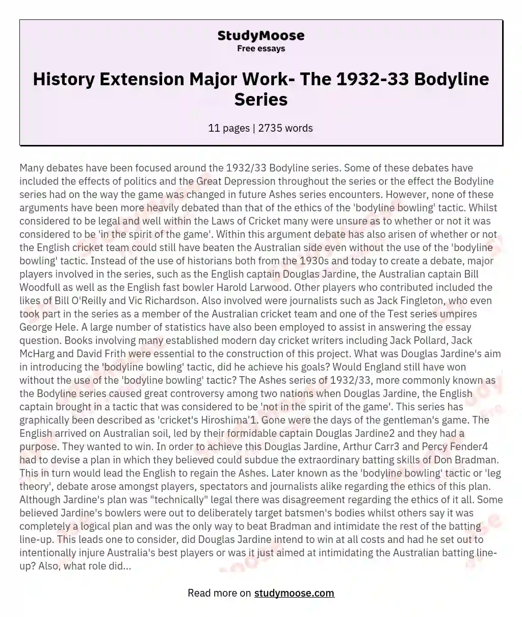 History Extension Major Work- The 1932-33 Bodyline Series essay