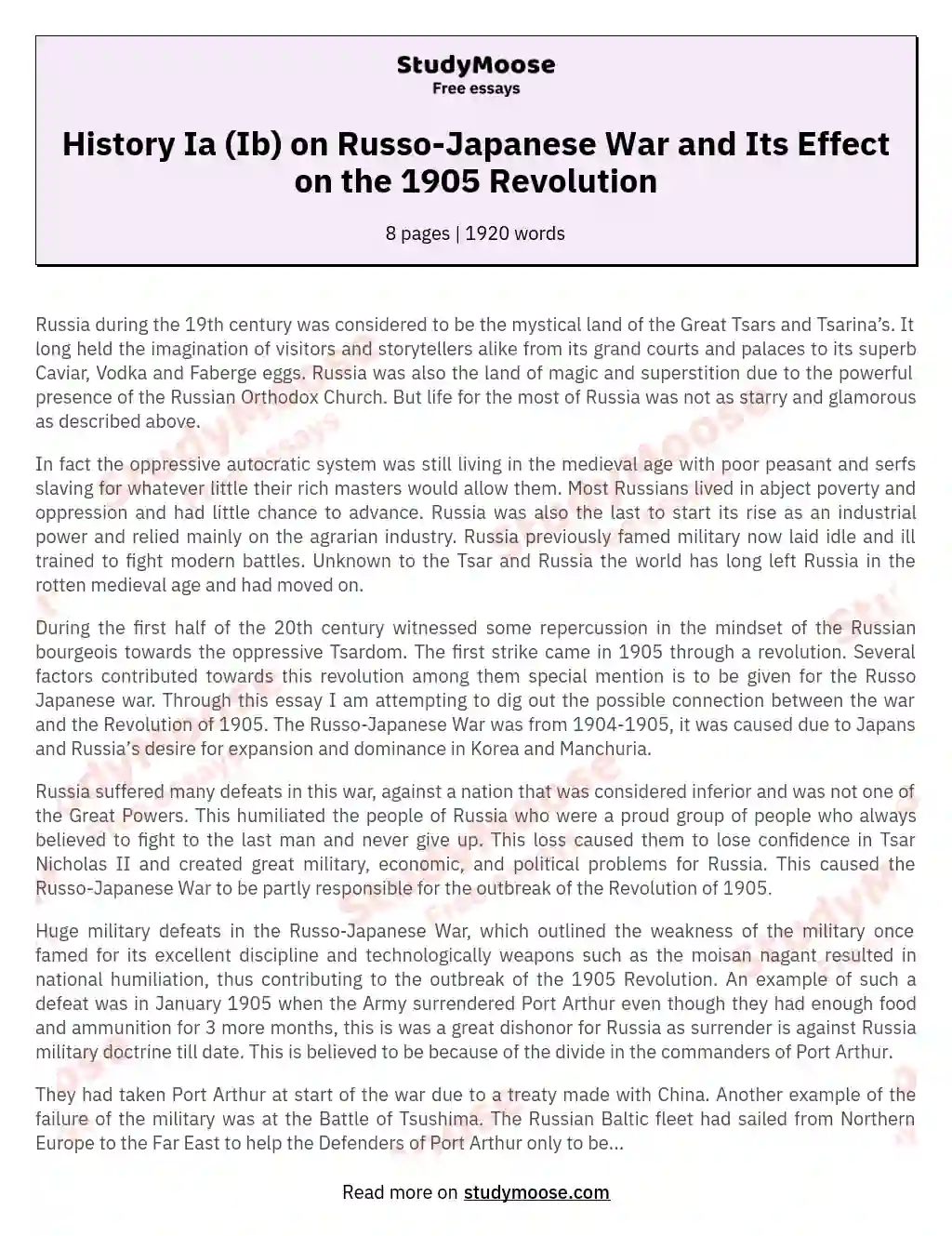 History Ia (Ib) on Russo-Japanese War and Its Effect on the 1905 Revolution essay