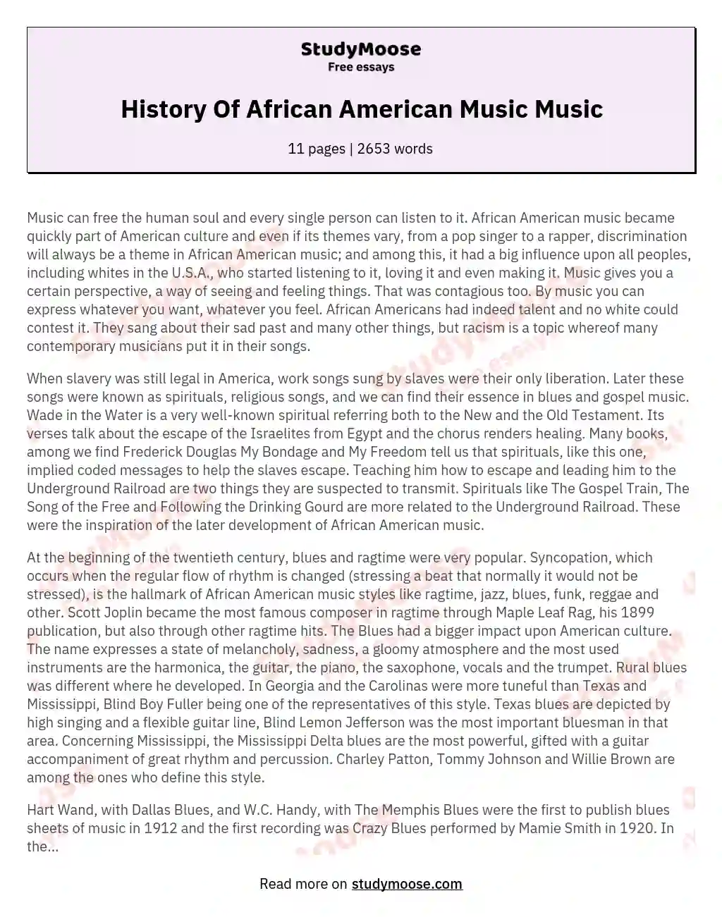 History Of African American Music Music