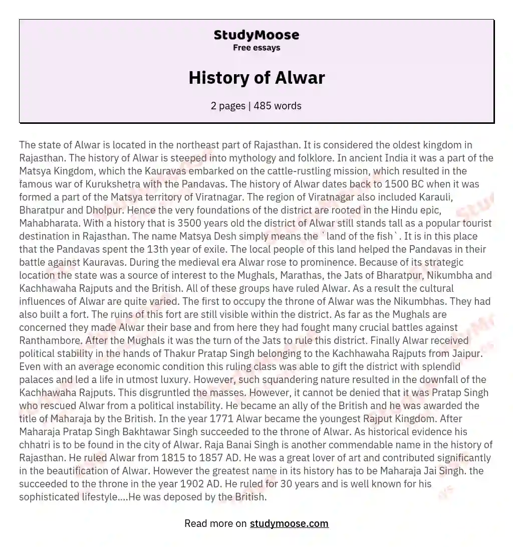 History of Alwar essay