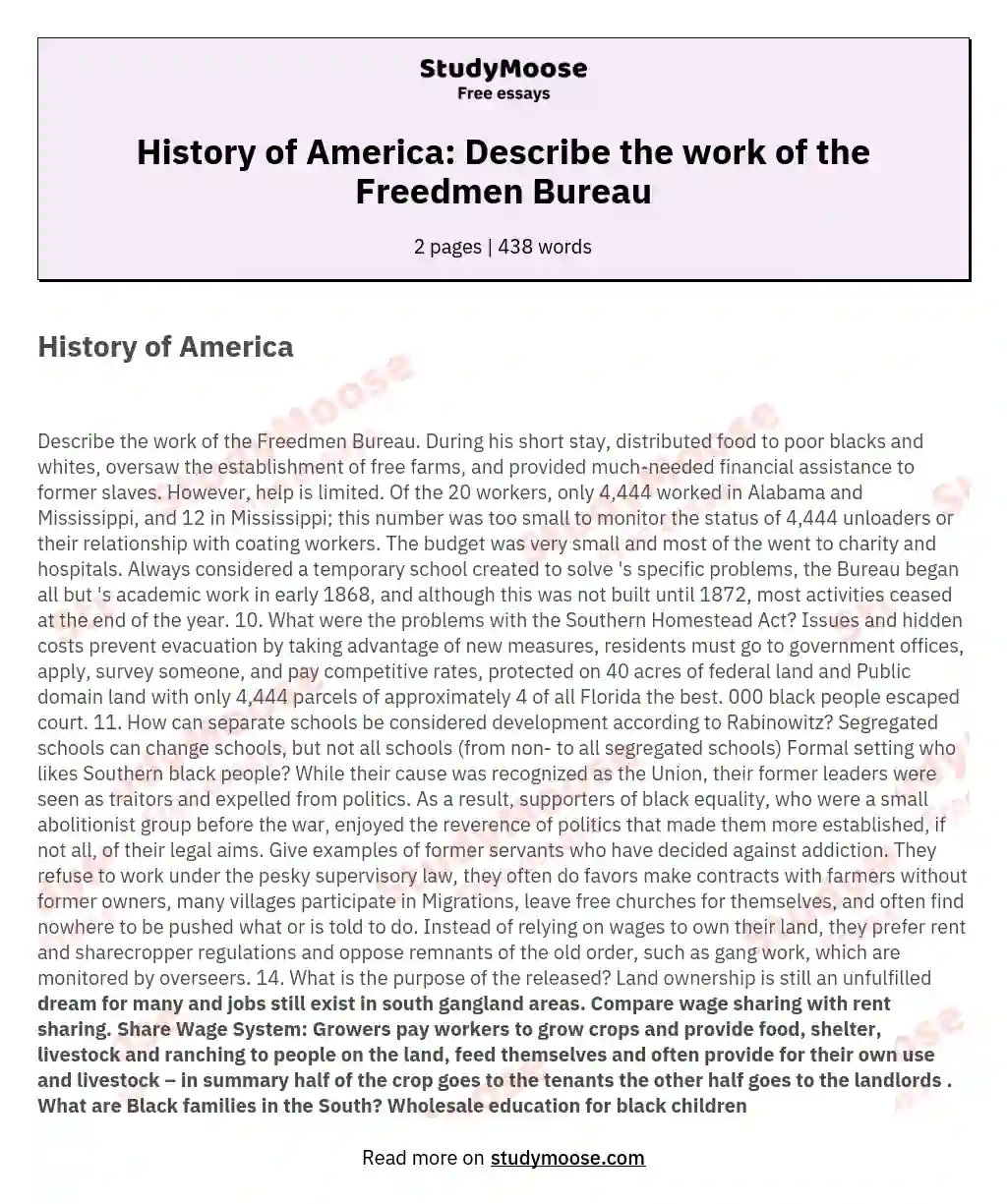 History of America: Describe the work of the Freedmen Bureau essay