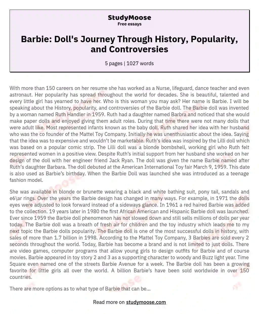 Barbie: Doll's Journey Through History, Popularity, and Controversies essay