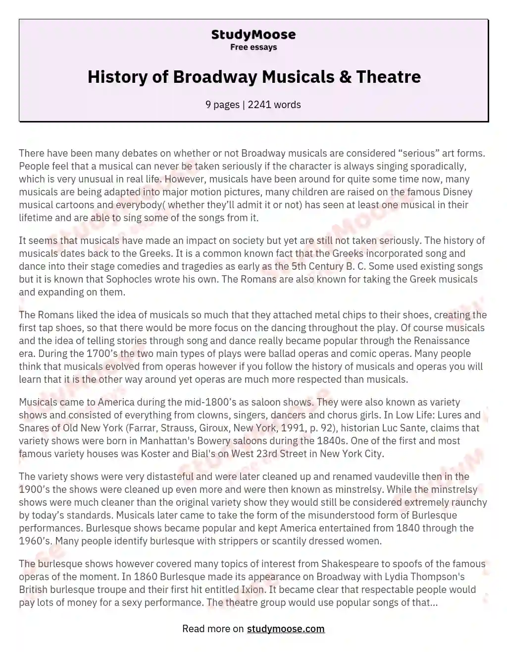 History of Broadway Musicals & Theatre essay