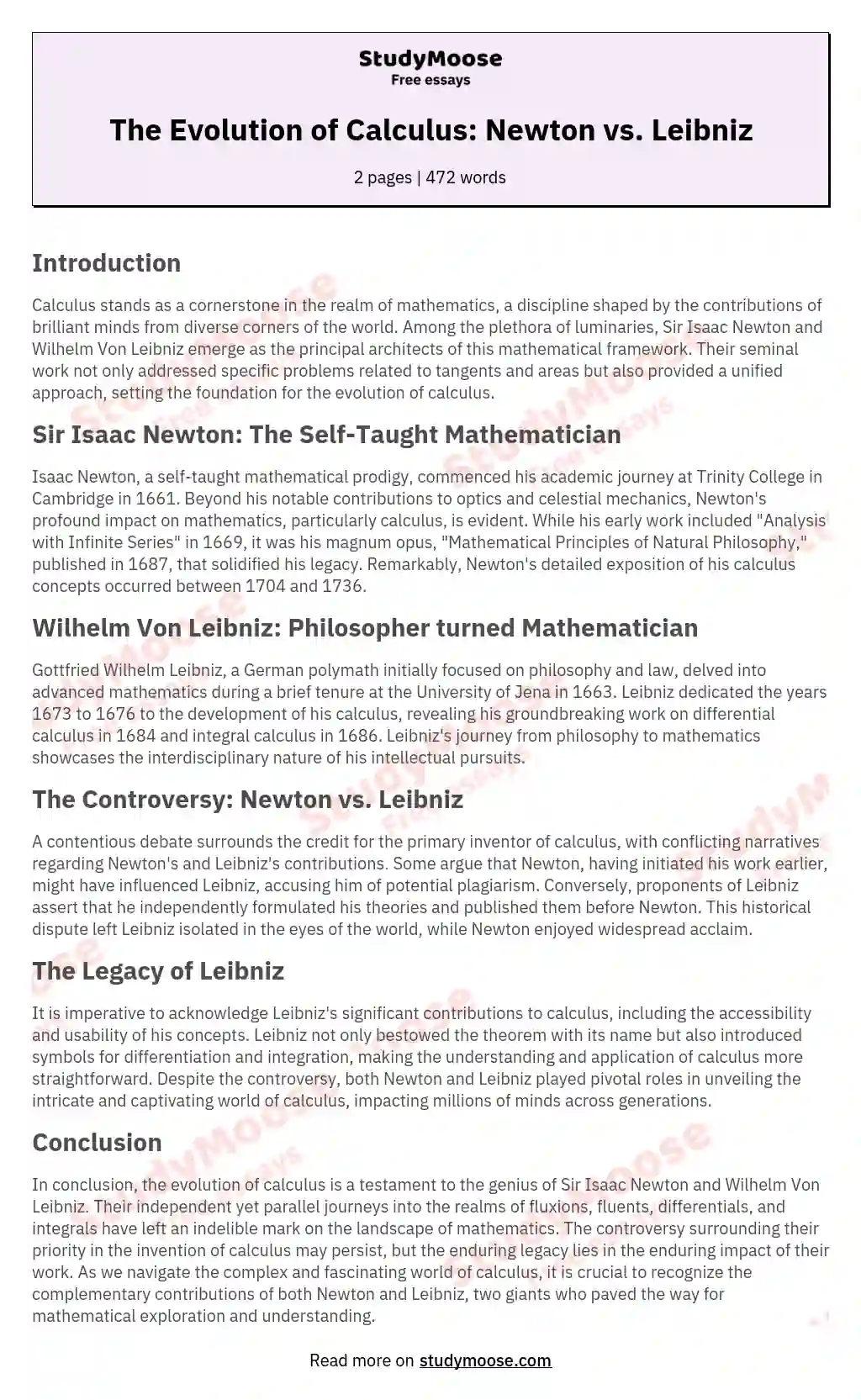 The Evolution of Calculus: Newton vs. Leibniz essay