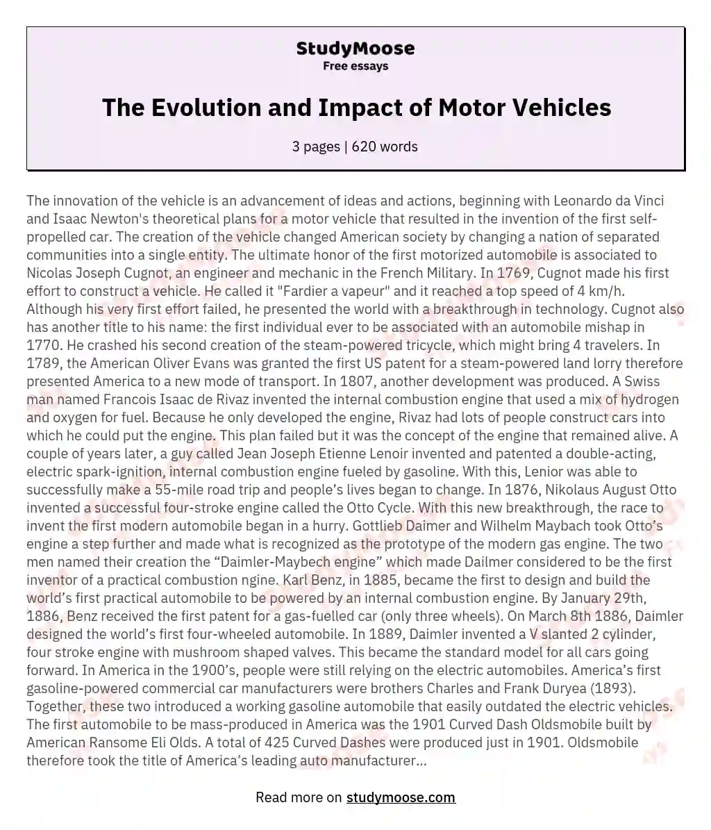 The Evolution and Impact of Motor Vehicles essay