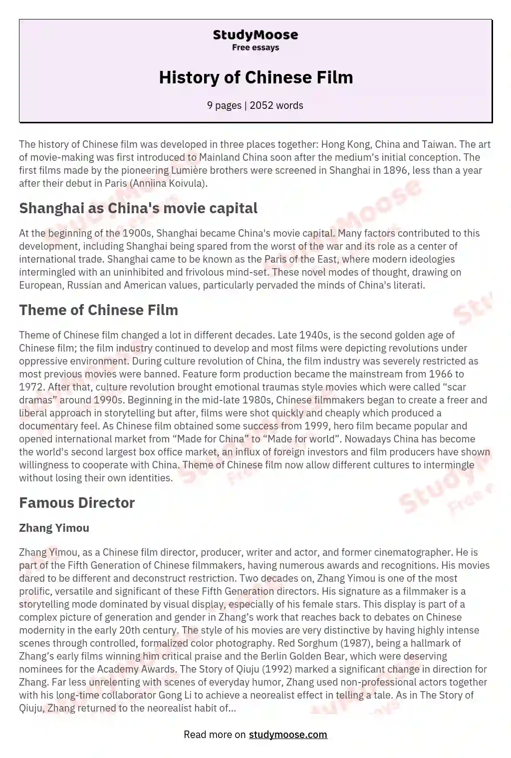 History of Chinese Film essay