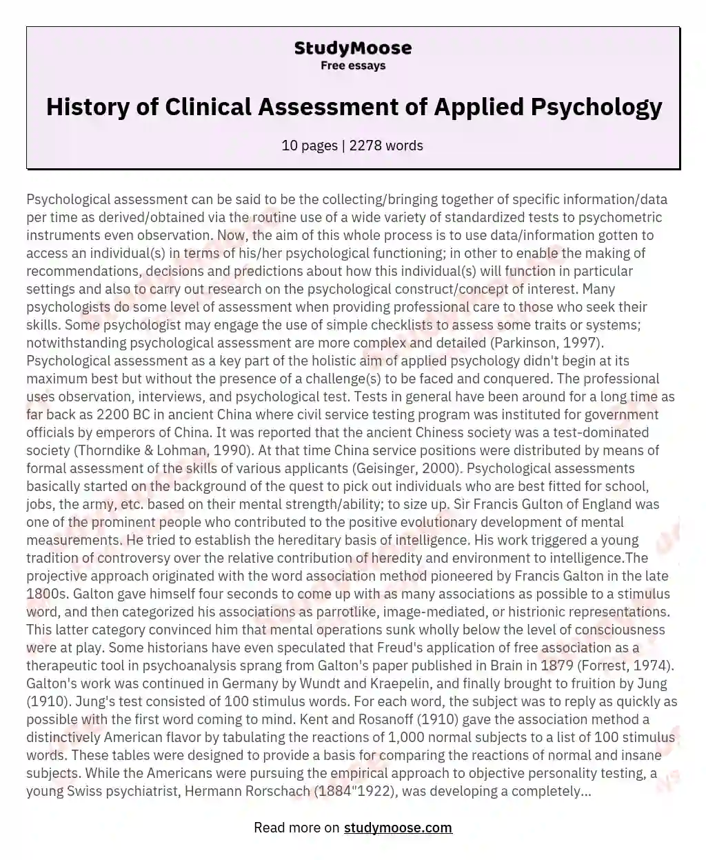 History of Clinical Assessment of Applied Psychology essay