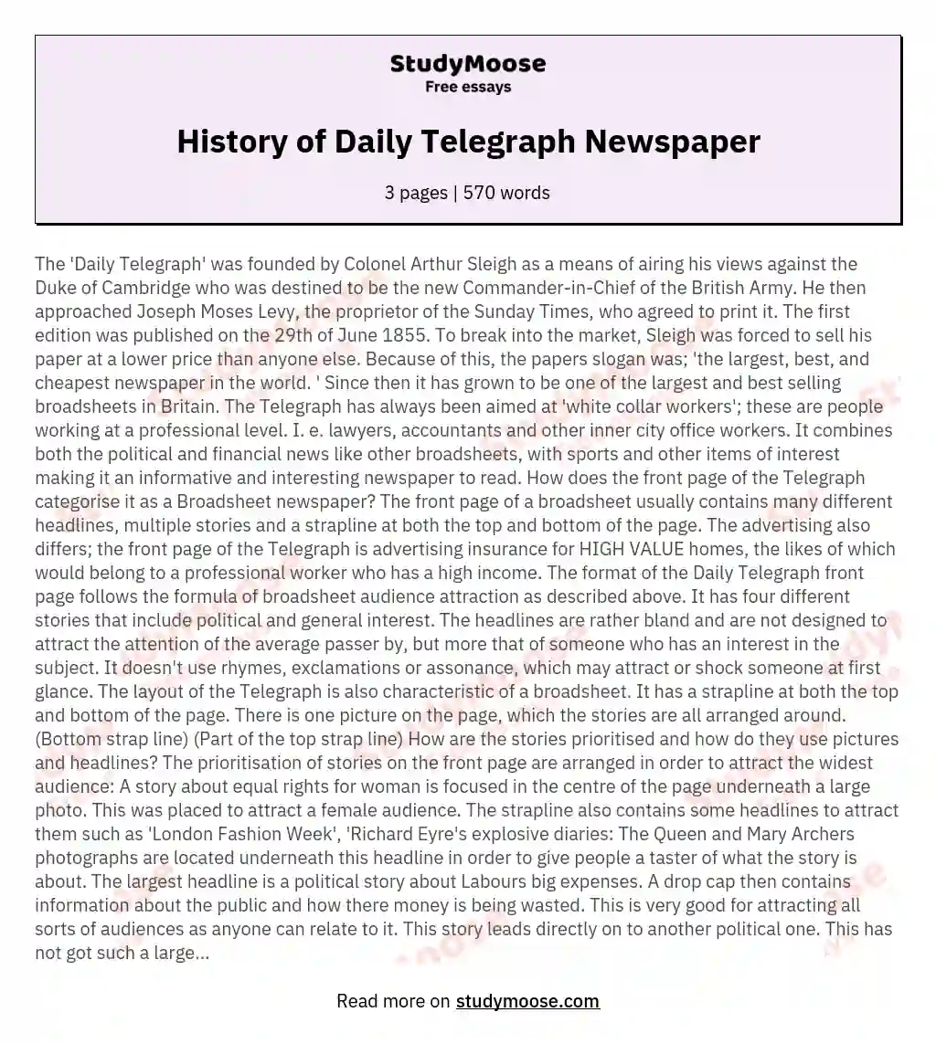 History of Daily Telegraph Newspaper essay
