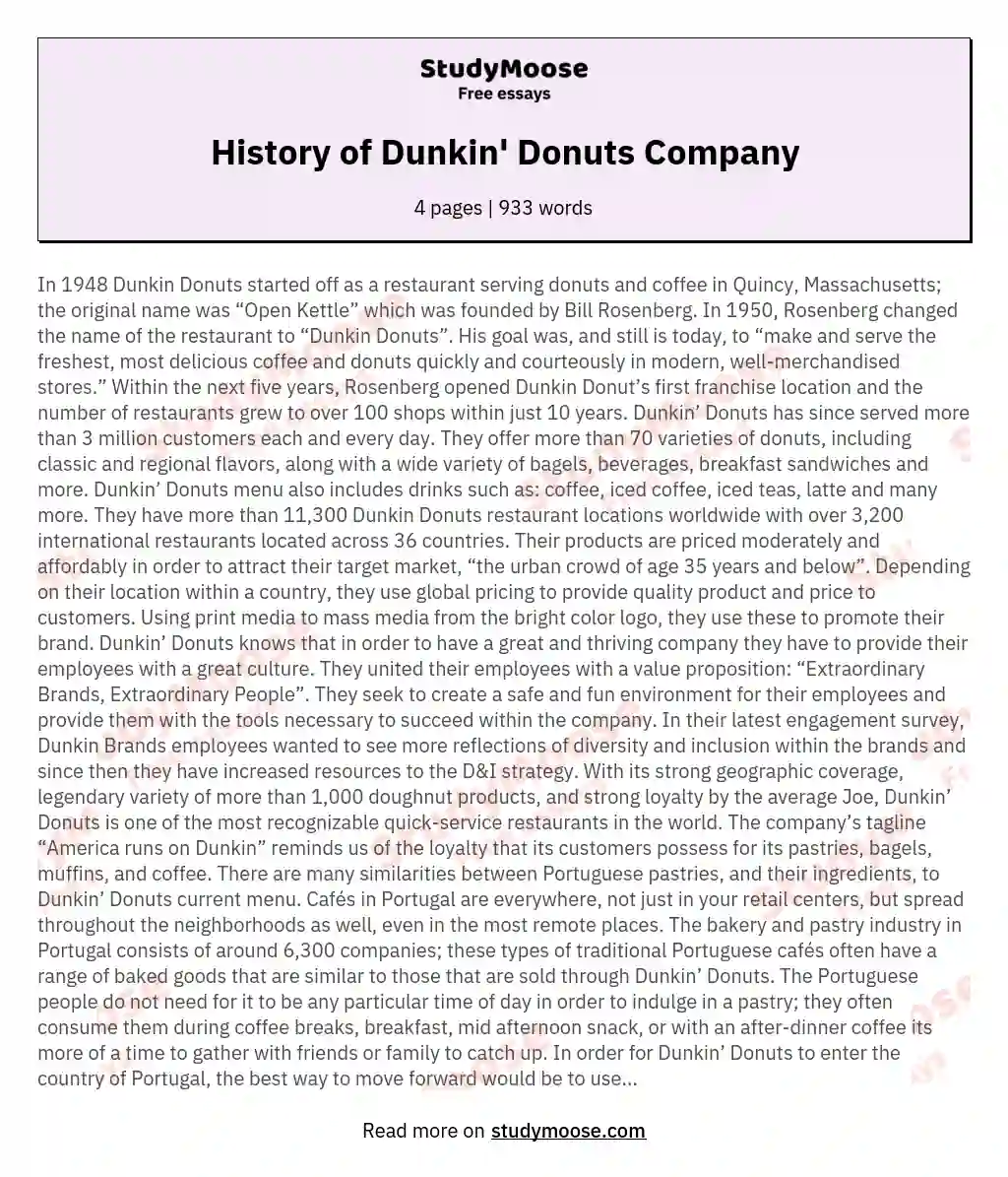 History of Dunkin' Donuts Company essay