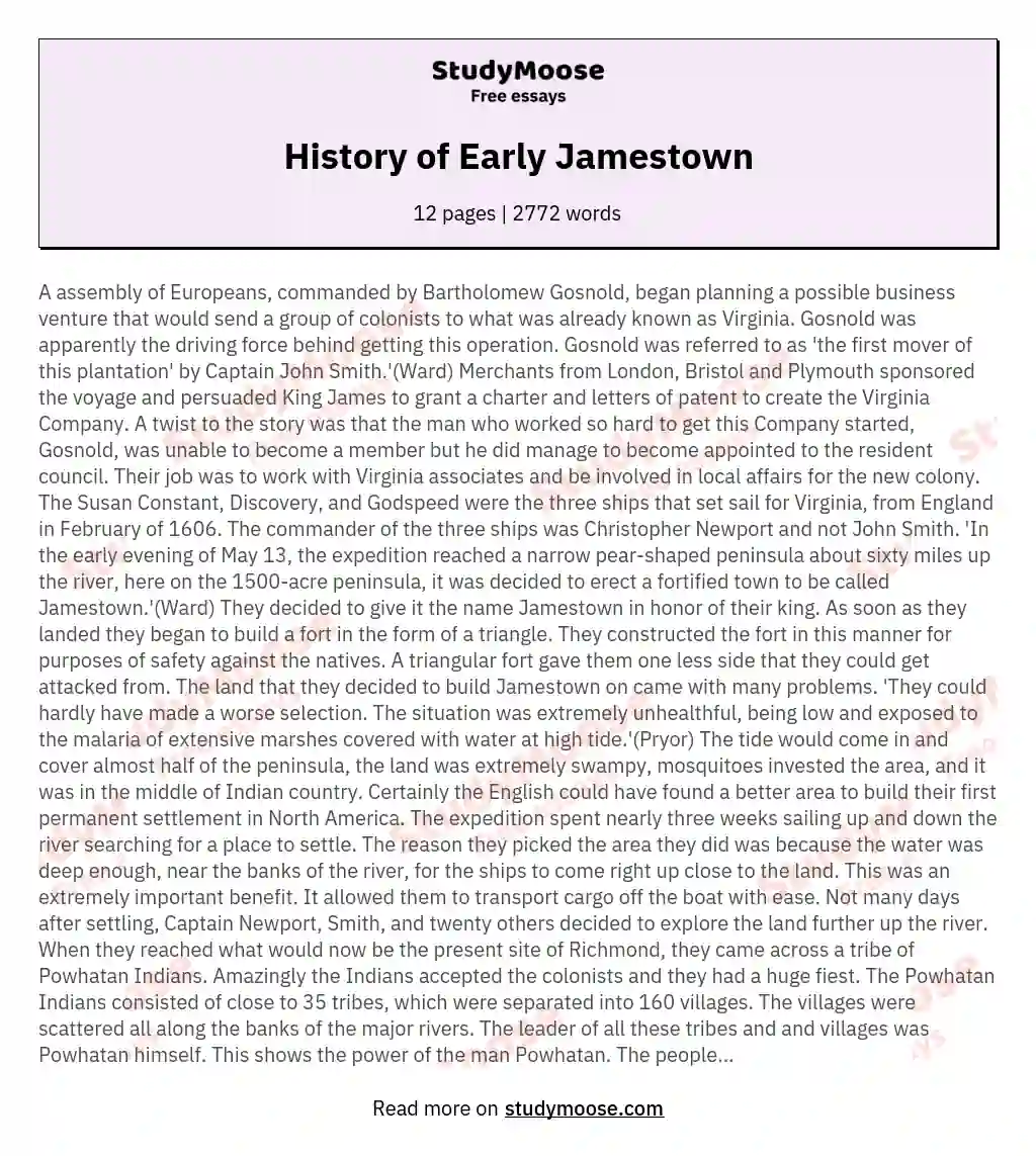 History of Early Jamestown essay